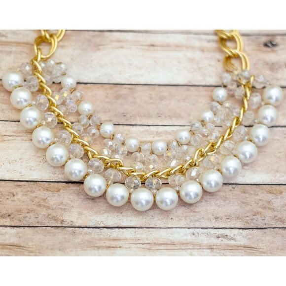 18 inch, Vintage Multi White Faux Pearls Gold Tone Bib Necklace - X25 - Picture 1 of 3